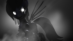 Size: 3840x2160 | Tagged: safe, artist:meetthegmodder, artist:zyrolex, oc, oc only, cyborg, pony, 3d, amputee, artificial wings, augmented, darklight, glowing eyes, high res, mecha, mechanical wing, monochrome, prosthetic limb, prosthetic wing, prosthetics, silhouette, solo, wings