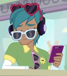 Size: 464x528 | Tagged: safe, screencap, carlos thunderbolt, equestria girls, equestria girls specials, g4, my little pony equestria girls: mirror magic, background human, cellphone, cropped, male, phone, smartphone, solo, sunglasses, wood opal