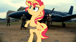 Size: 640x360 | Tagged: safe, editor:kingkek42, sunset shimmer, human, pony, unicorn, equestria girls, equestria girls specials, g4, my little pony equestria girls: mirror magic, baneposting, baneposting in the comments, belt, bill wilson, bipedal, cia, cia (batman), exploitable meme, female, irl, irl human, looking up, mare, meme, photo, plane, smee, smiling, the dark knight rises, underhoof, wreckage brother