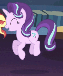 Size: 450x543 | Tagged: safe, screencap, starlight glimmer, sunset shimmer, pony, unicorn, equestria girls, equestria girls specials, g4, mirror magic, animated, bouncing, cute, eyes closed, female, gif, glimmerbetes, irrational exuberance, jumping, pronking, smiling, solo focus, story in the comments