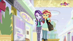 Size: 800x450 | Tagged: safe, screencap, starlight glimmer, sunset shimmer, equestria girls, equestria girls specials, g4, my little pony equestria girls: mirror magic, animated, bag, beanie, clothes, duo, eating, female, food, geode of empathy, gif, hat, hips, hug, ice cream, it's coming right at us, jacket, leather jacket, lidded eyes, looking at each other, magical geodes, messy eating, necklace, pendant, ripped pants, swaying hips, teletoon, thick, vest, walking, watch, wide hips