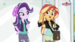 Size: 467x263 | Tagged: safe, screencap, starlight glimmer, sunset shimmer, equestria girls, equestria girls specials, g4, mirror magic, animated, bag, clothes, duo, female, gif, hand on hip, hat, jacket, jewelry, leather jacket, looking at each other, loop, necklace, one eye closed, pendant, playful, punch, punchies, ripped pants, teletoon, watch