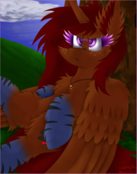 Size: 600x757 | Tagged: safe, artist:vanillaswirl6, oc, oc only, oc:amber, alicorn, pony, :<, alicorn oc, annoyed, art trade, black teeth, cheek fluff, chest fluff, cloud, colored eyelashes, colored pupils, detailed eyes, dock, ear fluff, fangs, female, fluffy, freckles, grass, jewelry, leaning, lip piercing, looking up, mare, markings, necklace, signature, sky, solo, tree, unamused