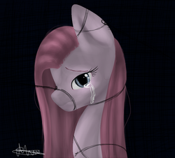 Size: 774x700 | Tagged: safe, artist:annaslolart, pinkie pie, earth pony, pony, g4, black background, bust, crying, female, pinkamena diane pie, portrait, sad, simple background, solo, tied