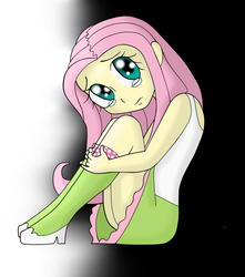 Size: 935x1060 | Tagged: safe, artist:muchigirl, fluttershy, equestria girls, g4, boots, childhood, clothes, crying, female, gradient background, high heel boots, legs, looking at you, sad, skirt, skirt lift, socks, solo, tank top, younger