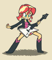 Size: 950x1100 | Tagged: safe, artist:khuzang, sunset shimmer, equestria girls, boots, clothes, electric guitar, female, guitar, hilarious in hindsight, jacket, leather jacket, musical instrument, rock (music), shoes, simple background, skirt, smiling, solo, sunset shredder