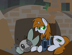 Size: 3300x2550 | Tagged: safe, artist:skyflys, oc, oc only, oc:littlepip, pony, unicorn, fallout equestria, clothes, cute, fanfic, fanfic art, female, high res, horn, jumpsuit, mare, pipbuck, post-apocalyptic, ruins, solo, spritebot, vault suit