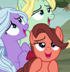 Size: 702x718 | Tagged: safe, screencap, dear darling, fond feather, swoon song, earth pony, pegasus, pony, unicorn, hard to say anything, bedroom eyes, bimbettes, cropped, female, mare, open mouth, trio, trio female