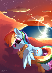 Size: 1800x2500 | Tagged: safe, artist:a8f12, rainbow dash, scootaloo, pegasus, pony, g4, cloud, cuddling, duo, female, hug, lens flare, night, night sky, scootalove, sisters, spread wings, stars, sunset, water, winghug, wings