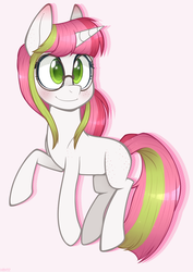 Size: 778x1100 | Tagged: safe, artist:higglytownhero, oc, oc only, oc:stargazer lily, pony, unicorn, blushing, butt freckles, commission, cute, glasses, ocbetes, pink background, simple background, smiling, solo