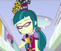 Size: 308x259 | Tagged: safe, screencap, juniper montage, equestria girls, equestria girls specials, g4, my little pony equestria girls: mirror magic, animated, cinema, clothes, cropped, female, funny, gif, solo, walkie talkie
