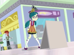 Size: 386x288 | Tagged: safe, screencap, cherry crash, juniper montage, equestria girls, equestria girls specials, g4, mirror magic, angry, animated, background human, boots, clothes, female, gif, glasses, male, poster, shoes, socks, tantrum