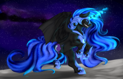 Size: 1024x657 | Tagged: safe, artist:hahvulon, nightmare moon, alicorn, pony, g4, female, glowing horn, grin, horn, magic, moon, rearing, smiling, solo, space, spread wings, stars, wings