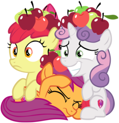 Size: 2013x2090 | Tagged: safe, artist:frownfactory, apple bloom, scootaloo, sweetie belle, pony, g4, hard to say anything, apple, behaving like apples, cutie mark, cutie mark crusaders, female, filly, food, high res, simple background, the cmc's cutie marks, transparent background, vector