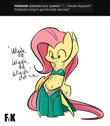 Size: 1468x1683 | Tagged: safe, artist:fluttershythekind, fluttershy, pony, g4, anklet, ask, belly button, belly dancer, bipedal, bracelet, clothes, cute, dancing, female, jewelry, midriff, simple background, skirt, solo, tumblr, white background, wiggle