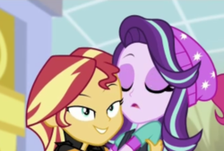 Size: 998x676 | Tagged: safe, screencap, pinkie pie, starlight glimmer, sunset shimmer, equestria girls, equestria girls specials, g4, my little pony equestria girls: mirror magic, beanie, clothes, faic, hat, hug, out of context, teletoon