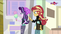 Size: 1920x1080 | Tagged: safe, screencap, starlight glimmer, sunset shimmer, equestria girls, equestria girls specials, g4, mirror magic, bag, beanie, clothes, food, hat, ice cream, messy eating, phone, teletoon, that human sure does love ice cream, that pony sure does love ice cream, watch
