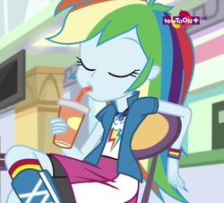Size: 636x575 | Tagged: safe, screencap, rainbow dash, equestria girls, equestria girls specials, g4, my little pony equestria girls: mirror magic, boots, clothes, cool, cropped, cup, drink, drinking, eyes closed, female, geode of super speed, magical geodes, shoes, sitting, skirt, socks, solo, striped socks, teletoon