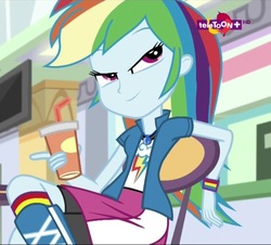 Size: 638x576 | Tagged: safe, screencap, rainbow dash, equestria girls, equestria girls specials, g4, my little pony equestria girls: mirror magic, boots, clothes, cool, cropped, cup, drink, female, geode of super speed, magical geodes, shoes, sitting, skirt, smiling, smug, socks, solo, striped socks, teletoon