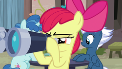 Size: 1280x720 | Tagged: safe, screencap, apple bloom, night glider, party favor, earth pony, pegasus, pony, unicorn, g4, hard to say anything, apple bloom's bow, binoculars, bipedal, bow, female, filly, frown, hair bow, lidded eyes, looking at each other, looking down, male, mare, our town, sitting, solo focus, stallion, trio, wings
