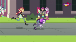 Size: 1366x768 | Tagged: safe, screencap, apple bloom, bon bon, lyra heartstrings, scootaloo, starlight glimmer, sunset shimmer, sweetie belle, sweetie drops, equestria girls, equestria girls specials, g4, my little pony equestria girls: mirror magic, all fours, beanie, clothes, cutie mark crusaders, faic, hat, humans doing horse things, majestic as fuck, teletoon