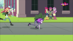 Size: 1136x635 | Tagged: safe, screencap, apple bloom, bon bon, lyra heartstrings, scootaloo, starlight glimmer, sunset shimmer, sweetie belle, sweetie drops, equestria girls, equestria girls specials, g4, my little pony equestria girls: mirror magic, all fours, beanie, clothes, cutie mark crusaders, faic, hat, humans doing horse things, majestic as fuck, teletoon