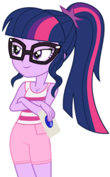 Size: 1766x2856 | Tagged: safe, artist:kevintoons915, artist:sketchmcreations, edit, sci-twi, twilight sparkle, equestria girls, g4, card, clothes, female, glasses, ponytail, simple background, smiling, solo, tank top, transparent background, vector