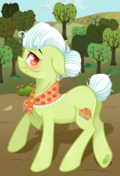 Size: 1000x1474 | Tagged: safe, artist:silvah-chan, artist:sketchyhowl, granny smith, earth pony, pony, g4, female, solo, tree, walking, wrong eye color