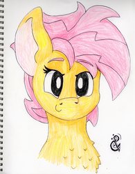 Size: 3317x4252 | Tagged: safe, artist:andandampersand, oc, oc only, oc:beauty cheat, pegasus, pony, big ears, bust, c:, chest fluff, female, high res, looking at you, mare, portrait, smiling, solo, traditional art