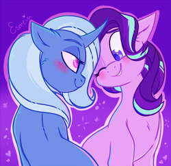 Size: 816x790 | Tagged: safe, artist:esmeia, starlight glimmer, trixie, pony, unicorn, g4, blushing, duo, female, lesbian, looking at each other, mare, ship:startrix, shipping, story included