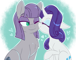 Size: 968x760 | Tagged: safe, artist:esmeia, maud pie, rarity, earth pony, pony, unicorn, g4, eyes closed, female, heart, lesbian, mare, nuzzling, one eye closed, ship:rarimaud, shipping, smiling, story included, when she smiles, wrong cutie mark