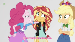 Size: 1366x763 | Tagged: safe, screencap, applejack, pinkie pie, sunset shimmer, equestria girls, equestria girls specials, g4, my little pony equestria girls: mirror magic, faic, geode of empathy, geode of sugar bombs, geode of super strength, glowing geodes, magical geodes, mirror world, simple background, subtitles