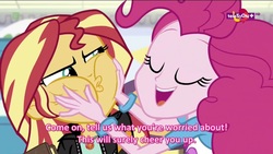 Size: 1334x750 | Tagged: safe, screencap, pinkie pie, sunset shimmer, equestria girls, equestria girls specials, g4, my little pony equestria girls: mirror magic, cheeks, geode of empathy, geode of sugar bombs, magical geodes, personal space invasion, squishy cheeks