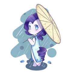Size: 1515x1515 | Tagged: safe, artist:nitrogenowo, rarity, pony, unicorn, g4, bipedal, cheongsam, clothes, colored pupils, cute, female, looking at you, mare, rain, raribetes, simple background, solo, transparent background, umbrella
