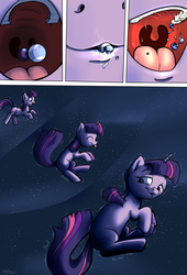 Size: 1920x2816 | Tagged: safe, artist:shieltar, part of a set, twilight sparkle, pony, unicorn, comic:giant twilight, g4, comic, cute, descriptive noise, drool, eating, edible heavenly object, female, giant pony, giantess, growth, macro, part of a series, planet, pony bigger than a planet, solo, space, stars, tongue out, unicorn twilight, uvula