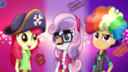 Size: 3200x1800 | Tagged: safe, artist:liniitadash23, apple bloom, scootaloo, sweetie belle, equestria girls, g4, hard to say anything, agent rainbow head, clothes, cutie mark crusaders, equestria girls interpretation, funny face, hat, hoodie, nose, open mouth, pirate hat, pirate spy, rainbow wig, scene interpretation, shimmering spectacles, show accurate, smiling, trio, wig