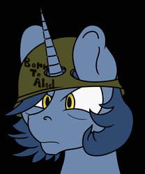 Size: 1250x1500 | Tagged: safe, artist:caduceus, artist:caduceusart, oc, oc only, oc:b.b., pony, unicorn, army helmet, black background, helmet, simple background, solo