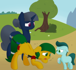 Size: 2500x2300 | Tagged: safe, artist:chamberofsnejwitz, oc, oc only, oc:blocky bits, oc:soft spot, earth pony, pony, unicorn, colt, crouching, cute, high res, injured, male, misleading thumbnail