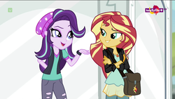 Size: 1136x640 | Tagged: safe, screencap, starlight glimmer, sunset shimmer, equestria girls, equestria girls specials, g4, my little pony equestria girls: mirror magic, geode of empathy, magical geodes, open mouth, smiling, teletoon