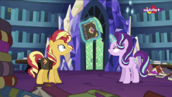 Size: 600x338 | Tagged: safe, screencap, starlight glimmer, sunset shimmer, pony, unicorn, equestria girls, equestria girls specials, g4, mirror magic, animated, book, cute, female, gif, in the human world for too long, majestic as fuck, saddle bag, shimmerbetes, teletoon, twilight's castle