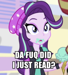 Size: 500x550 | Tagged: safe, edit, edited screencap, screencap, starlight glimmer, equestria girls, equestria girls specials, g4, my little pony equestria girls: mirror magic, beanie, clueless, cropped, da fuq did i just read, female, food, hat, ice cream, image macro, meme, solo