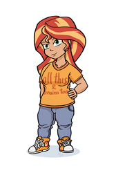 Size: 800x1187 | Tagged: artist needed, safe, sunset shimmer, equestria girls, g4, 4chan, clothes, converse, drawthread, female, hand on hip, human coloration, jeans, midget, pants, shirt, shoes, short, simple background, sneakers, solo, white background