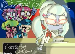 Size: 1378x999 | Tagged: safe, artist:psychodiamondstar, indigo zap, lemon zest, sour sweet, sugarcoat, sunny flare, equestria girls, g4, my little pony equestria girls: friendship games, cheering, clothes, eyes closed, foam finger, gameshow, glasses, group, open mouth, shadow five, smiling, souffle