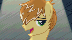 Size: 600x338 | Tagged: safe, screencap, feather bangs, sugar belle, earth pony, pony, unicorn, g4, hard to say anything, animated, annoyed, backing away, eyes closed, female, floppy ears, gif, male, mare, singing, smiling, stallion, sugar belle is not amused