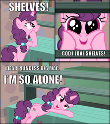 Size: 960x1080 | Tagged: safe, edit, edited screencap, screencap, sugar belle, pony, unicorn, g4, hard to say anything, female, i'm so alone, implied big macintosh, leaning, screencap comic, smiling, solo, that pony sure does love shelves