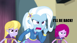 Size: 898x509 | Tagged: safe, edit, edited screencap, screencap, fuchsia blush, lavender lace, trixie, equestria girls, g4, my little pony equestria girls: rainbow rocks, female, image macro, meme, trixie and the illusions, trixie yells at everything