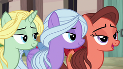 Size: 1280x720 | Tagged: safe, screencap, dear darling, fond feather, swoon song, earth pony, pegasus, pony, unicorn, hard to say anything, background pony, bimbettes, female, trio, trio female