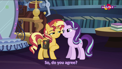 Size: 1920x1090 | Tagged: safe, screencap, starlight glimmer, sunset shimmer, pony, unicorn, equestria girls, equestria girls specials, g4, mirror magic, lidded eyes, out of context, teletoon, twilight's castle