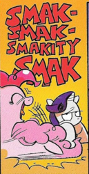 Size: 273x528 | Tagged: safe, artist:andy price, idw, official comic, pinkie pie, rarity, earth pony, pony, unicorn, g4, spoiler:comic, spoiler:comic42, andy you magnificent bastard, duo, facedesk, female, mare, out of context, pinkie being pinkie, rarity is not amused, varying degrees of amusement