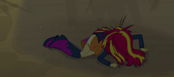 Size: 678x300 | Tagged: safe, screencap, sunset shimmer, equestria girls, g4, my little pony equestria girls, boots, clothes, cropped, defeated, female, high heel boots, jacket, leather jacket, messy hair, skirt, solo